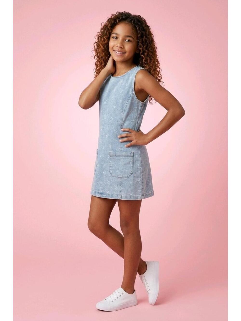 Tinseltown denim dress with mini white bows Girls sz Small